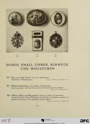 Dosen, Email, Uhren, Schmuck und Miniaturen (Nr. 358-463)