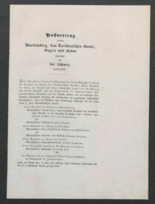 Postvertrag zwischen Württemberg, dem Norddeutschen Bunde, Bayern und Baden einerseits und der Schweiz andererseits, 1868.