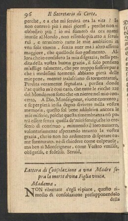 Lettera di Consolazione a una Madre sopra la mort d'una Figlia unica.