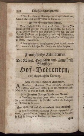 Frantzösische Titulaturen Der Königl. Polnischen und Churfürstl. Sächsischen Hof-Bedienten, nach alphabetischer Ordnung.