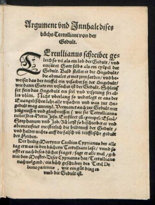 Argument und Innhalt dises buchs Tertulliani von der Gedult.