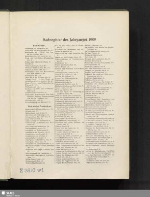 Sachregister des Jahrganges 1909