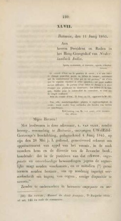 XLVII. Batavia, den 11 Junij 1845. Aan heeren President en Raden in het Hoog-Geregtshof van Nederlandsch Indie.