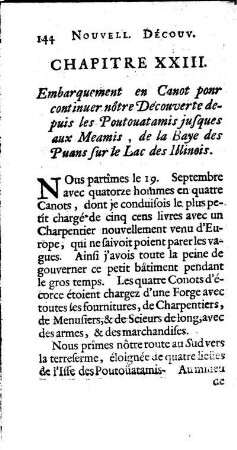 Embarquement en Canot pour continuer nôtre Découverte depuis les Poutouatamis jusques aux Miamis, de la baye des Puans sur le Lac des Illinois.