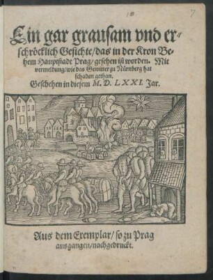 Ein gar grausam vnd er=||schröcklich Gesichte/ das in der Kron Be=||hem Hauptstadt Prag/ gesehen ist worden. Mit || vermeldung/ wie das Gewitter zu Nürnberg hat || schaden gethan.|| Geschehen in diesem M.D.LXXI. Jar.||