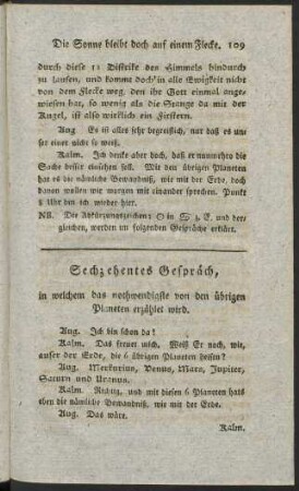 Sechzehentes Gespräch, in welchem das nothwendigste von den übrigen Planeten erzählet wird