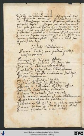 [fol. 1] Tituli statuorum primae partis