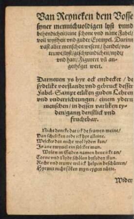 Van Reyneken dem Vosse syner mennichvoldigen lyst unnd behendicheit/ eine schone und nütte Fabel/ voll wyßheit und guder Exempel ...