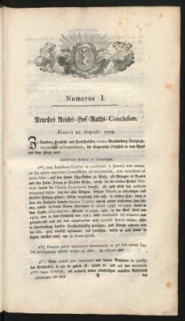 Numerus I. Neuestes Reichs-Hof-Raths-Conclusium. Veneris 21. Augusti 1778