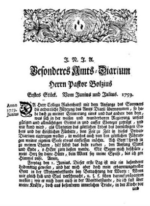Besonderes Amts-Diarium Herrn Pastor Bolzius - Vom Junius und Julius 1759