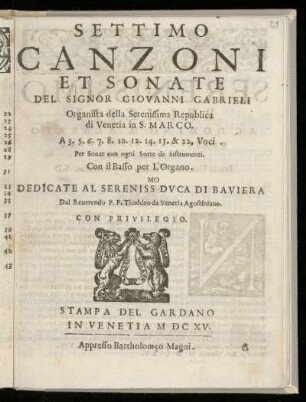 Giovanni Gabrieli: Canzoni et sonate ... a 3.5.6 ... 15 et 22 voci. Settimo