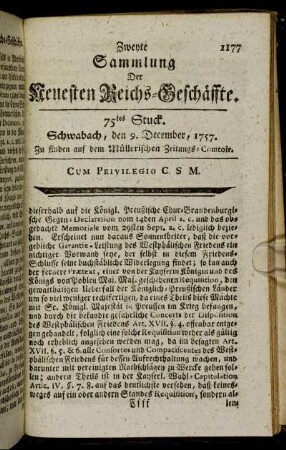 75tes Stuck. Schwabach, den 9. December, 1757.