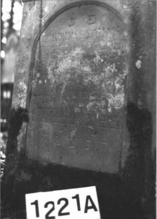 Grabstein 1221 (Index: 99899999) Material: Sandstein Zustand: stark verwittert Maße HxBxT: 107x60x8 cm Beschreibung: Stele mit eingezogenem Dreiecksabschluss, auf den Einzügen Eckakroterien, im Dreiecksfeld Ranken Symbolik: Ranken: Grabstein 1221A