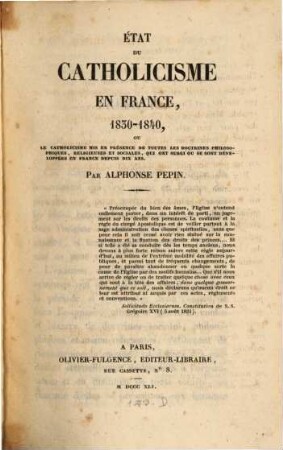 État du catholicisme en France : 1830 - 1840