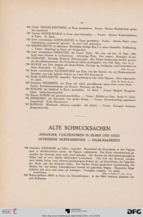 Alte Schmucksachen. Anhänger, Taschenuhren in Silber und Gold. Getriebene Silberarbeiten – Emailmalereien (Nr. 758-869)