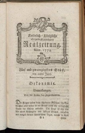 Fünf und zwanzigstes Stück; den 22ten Juny. Wien, 1775.