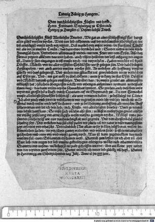 Ludwig Künig zu Hungern. Dem durchleüchtigisten Fürsten und herrn. Herrn Ferdinand. Ertzhertzog zu Osterreich Hertzog zu Burgu[n]di [et]c. Unserm liebste[n] Brued[er]. Durchleüchtigister Fürst ...