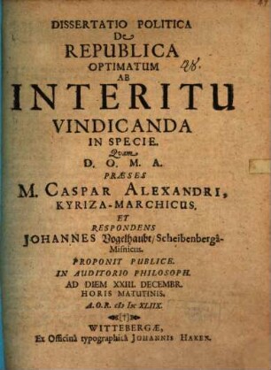 Disp. pol. de republica optimatum ab interitu vindicanda in specie