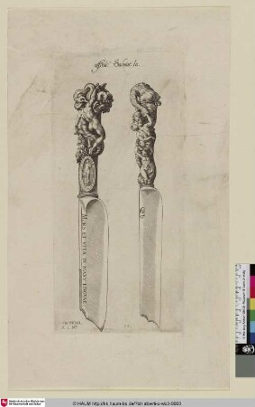 [Zwei Entwürfe für mit Figurenornament verzierte Messer; Ornamental Knives]