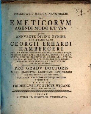 Dissertatio Medica Inavgvralis De Emeticorvm Agendi Modo Et Vsv