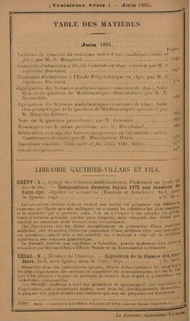 Table des matières. Juin 1891.