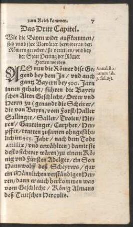 Das Dritt Capitel. Wie die Bayrn wider auffkommen/ sich unnd ihre Vorvätter an den Römern gerochen/ sie vertriben/ und bey der Stat Oetting der Römer Herren worden.