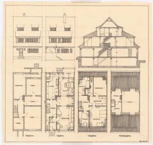 Reihenhaus: Grundrisse KG, EG, DG, 2.DG, 2 Ansichten, Schnitt