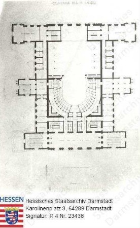 Darmstadt, Hoftheater / Grundriß für Unterbühne und Parterre des 2. Entwurfs von Baumeister Gottfried Semper (1803-1879) nach dem Brand des Hoftheaters von 1871
