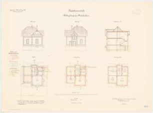 Kadettenanstalt der Garnison, Naumburg/Saale: Wohnhaus des Wirtschafters: Grundriss Keller, Erdgeschoss, Dachgeschoss, Aufriss Ostansicht, Westansicht, Querschnitt 1:100