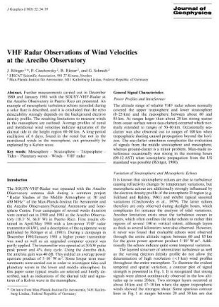 VHF radar observations of wind velocities at the Arecibo observatory