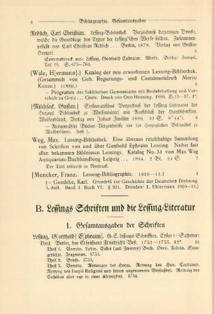 B. Lessings Schriften und die Lessing-Literatur