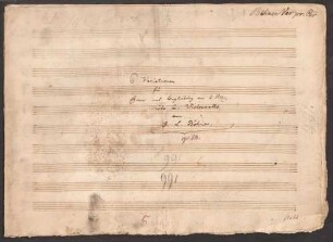 Variations, cor, vl (2), vla, vlc, BolB p. 161 - BSB Mus.Schott.Ha 1082-1 : [title page, at head right:] Böhner Var pr. Cor // [center:] 6 Variationen // für // Horn mit Begleitung von 2 Viol. // Viola u. Violoncello // von // J. L. Böhner. // op 24. // [at bottom right:] f 1 k 24