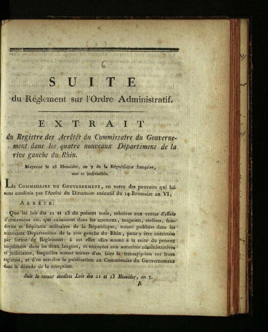 Suite du règlement sur l'ordre administratif / Mayence, 28. messidor, an VII [16. Juli 1799]