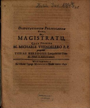 Disputationum Politicarum Nona, De Magistratu