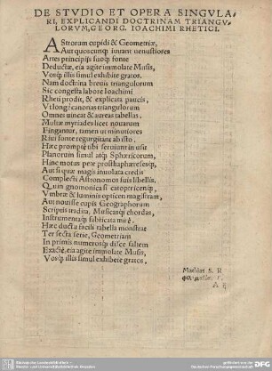 De Studio et Opera singulari, Explicandi Doctrinam Triangulorum, Georg. Ioachimi Rehtici.