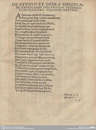De Studio et Opera singulari, Explicandi Doctrinam Triangulorum, Georg. Ioachimi Rehtici.