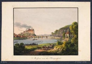 Stadtansicht von Meißen, Blick von Südosten über die Elbe auf die Brücke (fünfter Zustand 1815 bis 1866), die Altstadt und den Burgberg mit Albrechtsburg und Dom, rechts ein Palais am Elbberg