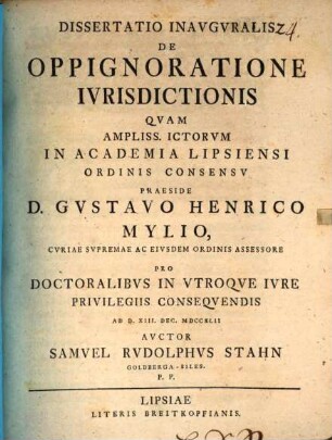 Dissertatio Inavgvralis De Oppignoratione Ivrisdictionis