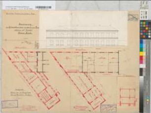 Erweiterung des Güterschuppens und Neubau der Bureauräume auf Bahnhof Essen-Nord: Ansicht, Grundrisse, M. 1:100 Hga, Sknr.: 5, Fanr.: 5, Bunr.: 2