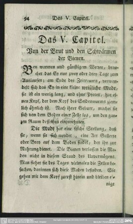 Das V. Capitel. Von der Brut und den Schwärmen der Bienen