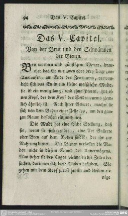 Das V. Capitel. Von der Brut und den Schwärmen der Bienen