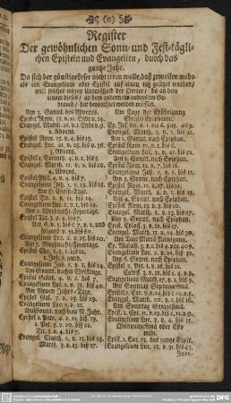 Register Der gewöhnlichen Sonn- und Fest-täglichen Episteln und Evangelien, durch das gantze Jahr