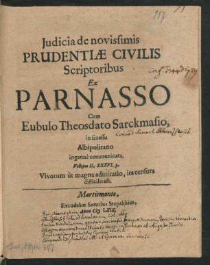 Iudicia de novissimis Prudentiae Civilis Scriptoribus Ex Parnasso