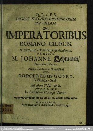 Dissertationum Historicarum Septimam, De Imperatoribus Romano-Graecis