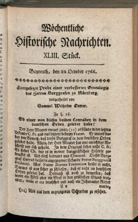 XLIII. Stück. Bayreuth, den 22. October 1766.