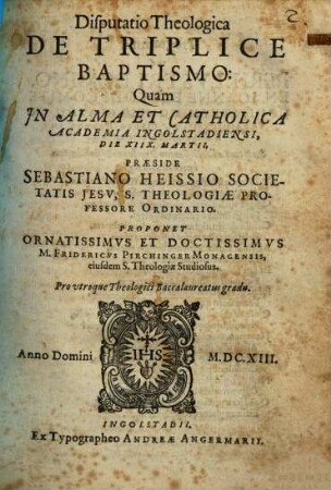 Disputatio Theologica De Triplice Baptismo