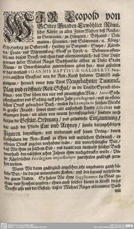 Wir Leopold von Gottes Gnaden Erwöhlter Römischer Kayser zu allen Zeiten ...