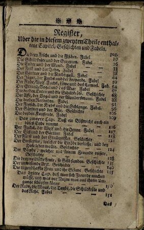 Register, Uber die in diesem zweyten Theile enthaltene Capitel, Geschichten und Fabeln.