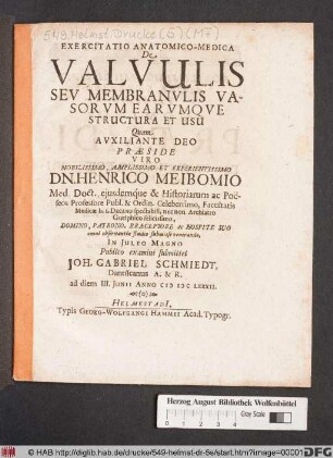 Exercitatio Anatomico-Medica De Valvulis Seu Membranulis Vasorum Earumque Structura Et Usu
