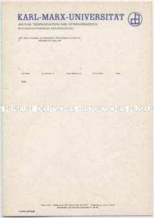 Briefpapier der Karl-Marx-Universität, Sektion Tierproduktion und Veterinärmedizin Wissenschaftsbereich Agrarökonomie (blanko)